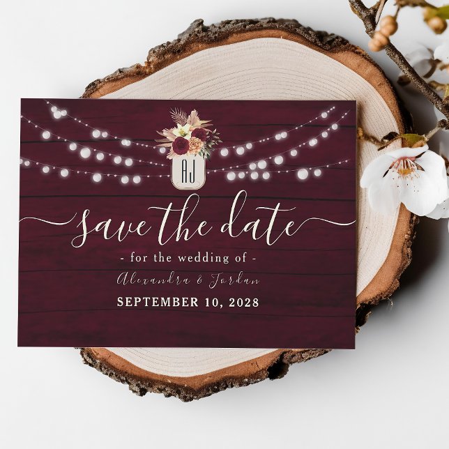 Rustic Wood Burgundy Floral Lights Wedding Save The Date (Creator Uploaded)