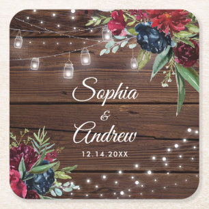 Rustic Wood Burgundy Floral Lights Wedding Square Paper Coaster