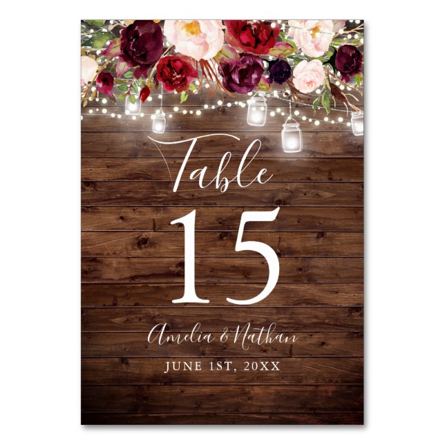 Rustic Wood Burgundy Floral Lights Wedding Table Number (Front)
