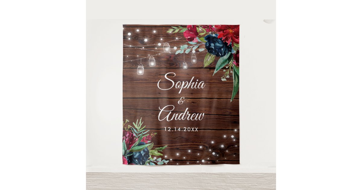 Rustic Wood Burgundy Floral Lights Wedding Tapestry | Zazzle