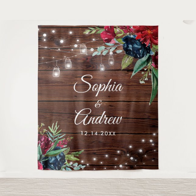 Rustic Wood Burgundy Floral Lights Wedding Tapestry (Front)