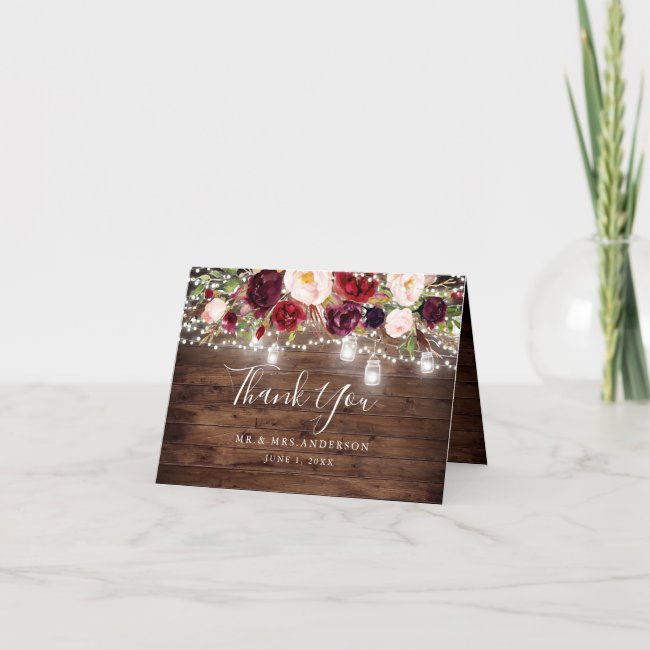 Rustic Wood Burgundy Floral Lights Wedding Thank You Card