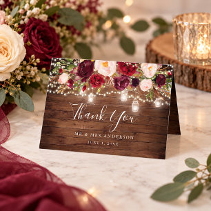 Rustic Wood Burgundy Floral Lights Wedding Thank You Card