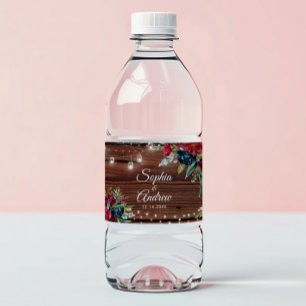 Rustic Wood Burgundy Floral Lights Wedding Water B Water Bottle Label