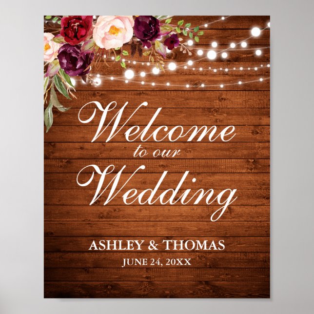 Rustic Wood Burgundy Floral Lights Wedding Welcome Poster (Front)