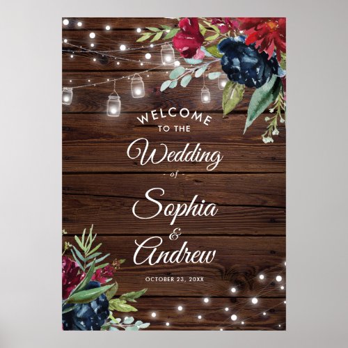 Rustic Wood Burgundy Floral Lights Wedding Welcome Poster