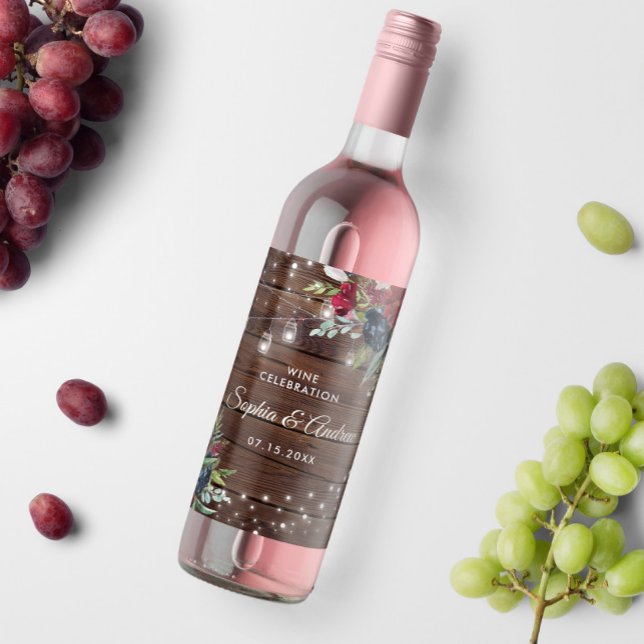 Rustic Wood Burgundy Floral Lights Wedding Wine Label (Creator Uploaded)