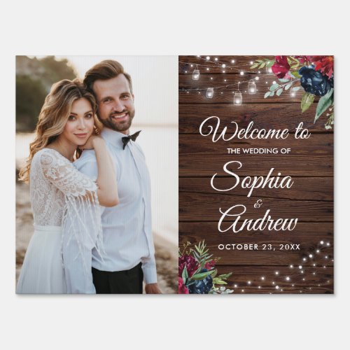 Rustic Wood Burgundy Floral Lights Wedding Yard Sign