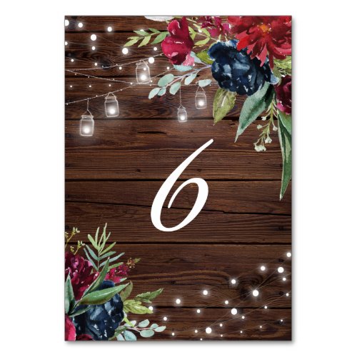 Rustic Wood Burgundy Floral Lights Wood 6 Table Number