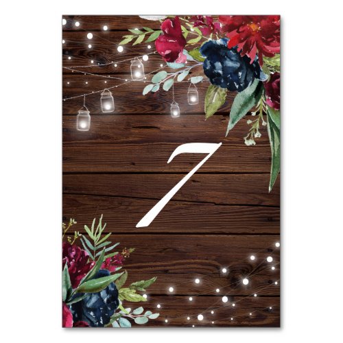 Rustic Wood Burgundy Floral Lights Wood 7 Table Number