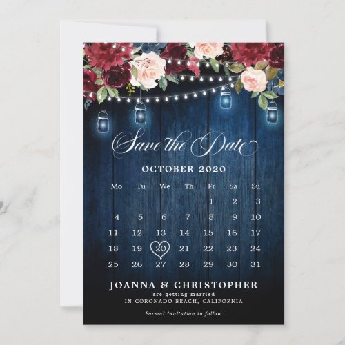 Rustic Wood Burgundy Floral Mason Jar Calendar Save The Date