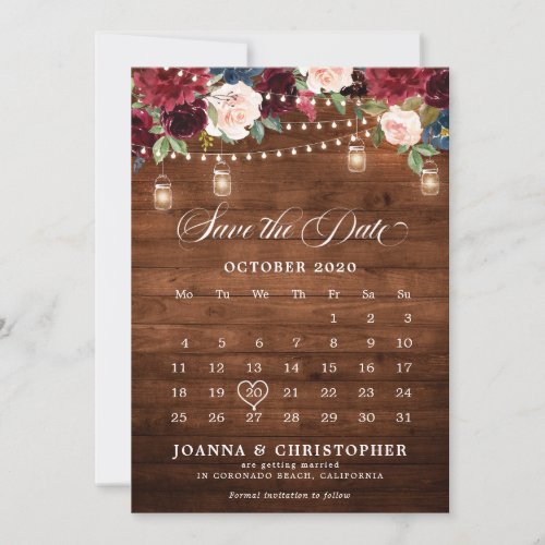 Rustic Wood Burgundy Floral Mason Jar Calendar Save The Date