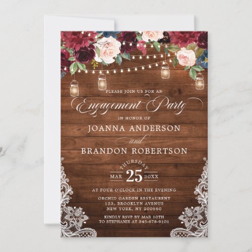 Rustic Wood Burgundy Floral Mason Jar Engagement Invitation