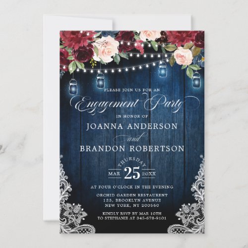 Rustic Wood Burgundy Floral Mason Jar Engagement Invitation