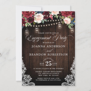 Rustic Wood Burgundy Floral Mason Jar Engagement Invitation