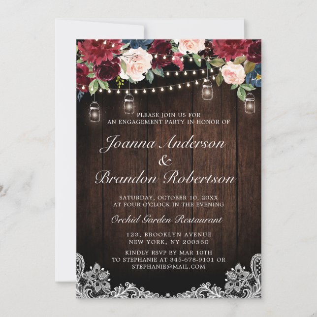 Rustic Wood Burgundy Floral Mason Jar Engagement Invitation (Front)