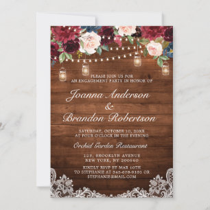 Rustic Wood Burgundy Floral Mason Jar Engagement Invitation