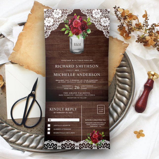 Rustic Wood Burgundy Floral Mason Jar Lace Wedding Tri-Fold Invitation (Creator Uploaded)