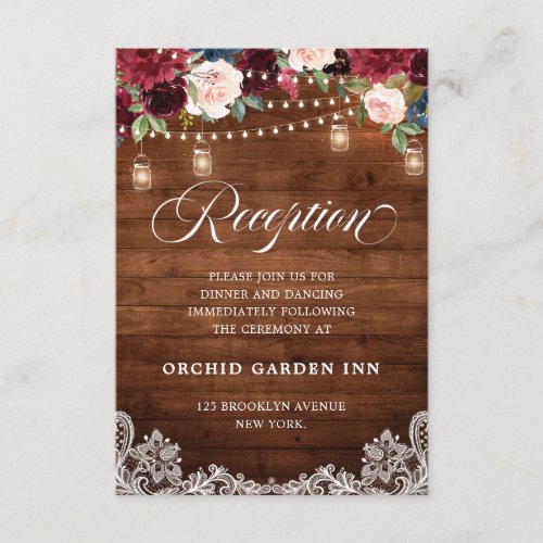 Rustic Wood Burgundy Floral Mason Jar Reception Enclosure Card