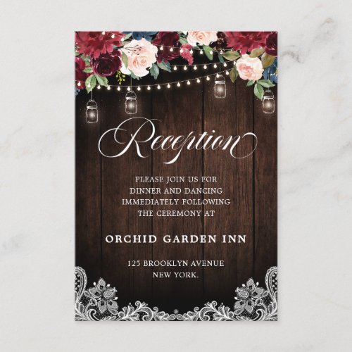 Rustic Wood Burgundy Floral Mason Jar Reception Enclosure Card