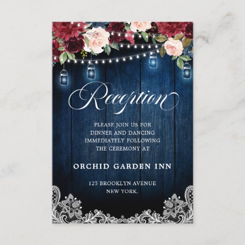 Rustic Wood Burgundy Floral Mason Jar Reception Enclosure Card