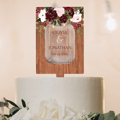 Rustic Wood Burgundy Floral Mason Jar Wedding Cake Topper