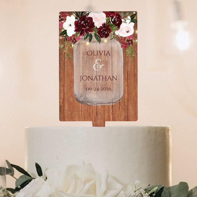 Rustic Wood Burgundy Floral Mason Jar Wedding Cake Topper (Creator Uploaded)