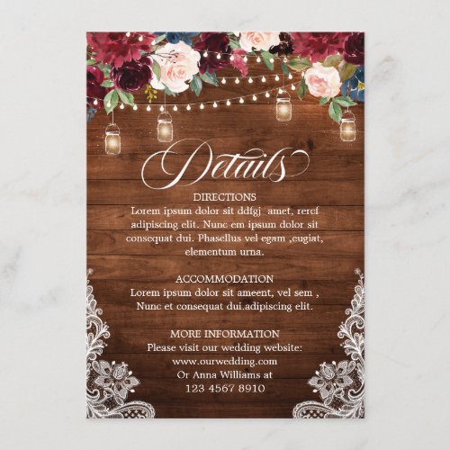 Rustic Wood Burgundy Floral Mason Jar Wedding Enclosure Card