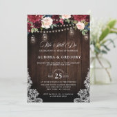 Rustic Wood Burgundy Floral Mason Jar Wedding Invi Invitation (Standing Front)
