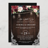 Rustic Wood Burgundy Floral Mason Jar Wedding Invi Invitation (Front/Back)