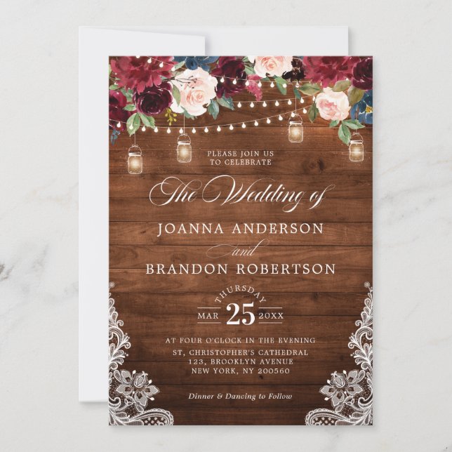 Rustic Wood Burgundy Floral Mason Jar Wedding Invi Invitation (Front)