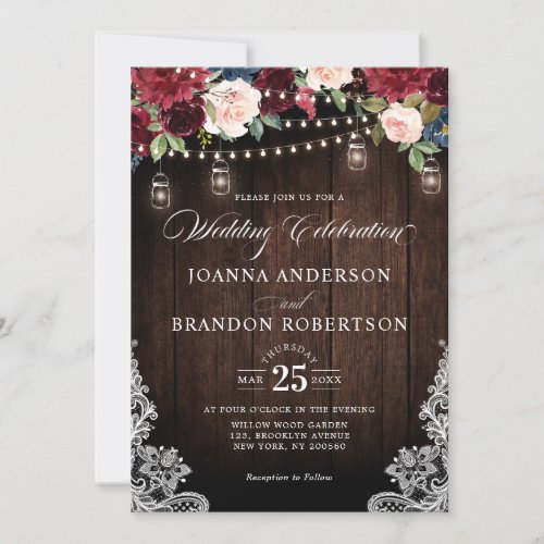 Rustic Wood Burgundy Floral Mason Jar Wedding Invi Invitation