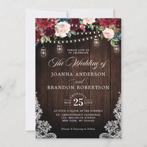 Rustic Wood Burgundy Floral Mason Jar Wedding Invi Invitation