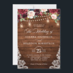 Rustic Wood Burgundy Floral Mason Jar Wedding Invitation<br><div class="desc">Rustic country wood floral boho wedding invitation features hand-painted watercolor floral graphics / roses in rich tones of Burgundy , Marsala Red navy blue and blush pink / peach and charming hand lettering style font with String lights mason jar and lace wooden background. Please contact me for any help in...</div>