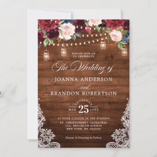 Rustic Wood Burgundy Floral Mason Jar Wedding Invitation