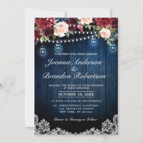 Rustic Wood Burgundy Floral Mason Jar Wedding Invitation