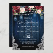 Rustic Wood Burgundy Floral Mason Jar Wedding Invitation (Front/Back)