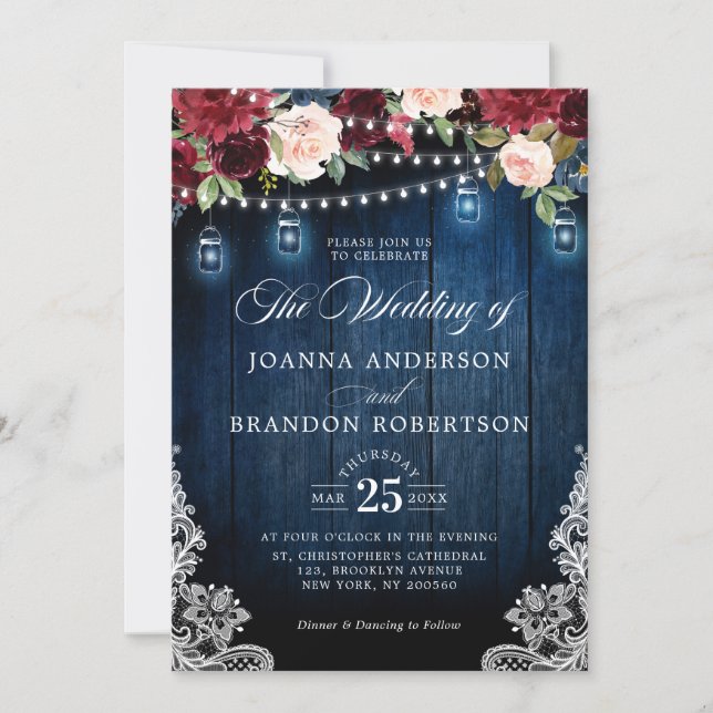 Rustic Wood Burgundy Floral Mason Jar Wedding Invitation (Front)