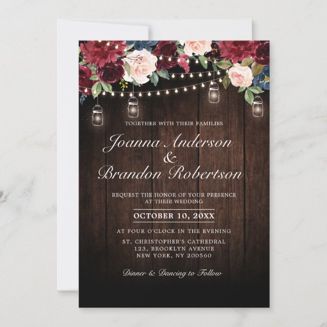 Rustic Wood Burgundy Floral Mason Jar Wedding Invitation (Front)