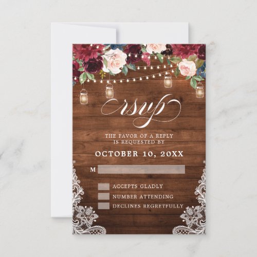 Rustic Wood Burgundy Floral Mason Jar Wedding RSVP Card