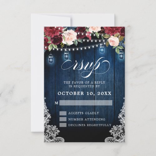 Rustic Wood Burgundy Floral Mason Jar Wedding RSVP Card