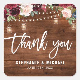 Rustic Wood Burgundy Floral Mason Jar Wedding Squa Square Sticker
