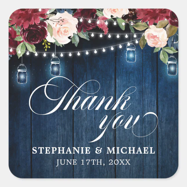 Rustic Wood Burgundy Floral Mason Jar Wedding Square Sticker | Zazzle