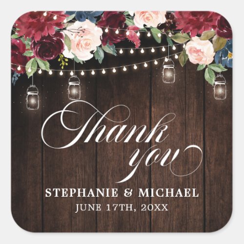 Rustic Wood Burgundy Floral Mason Jar Wedding Square Sticker