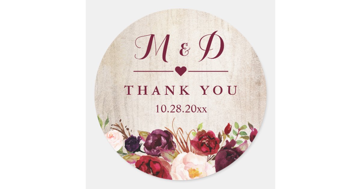 Rustic Wood Burgundy Floral Monogram Wedding Favor Classic Round ...