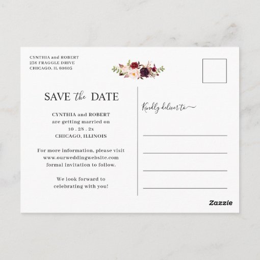 Rustic Wood Burgundy Floral Photo Save The Date Postcard Zazzle