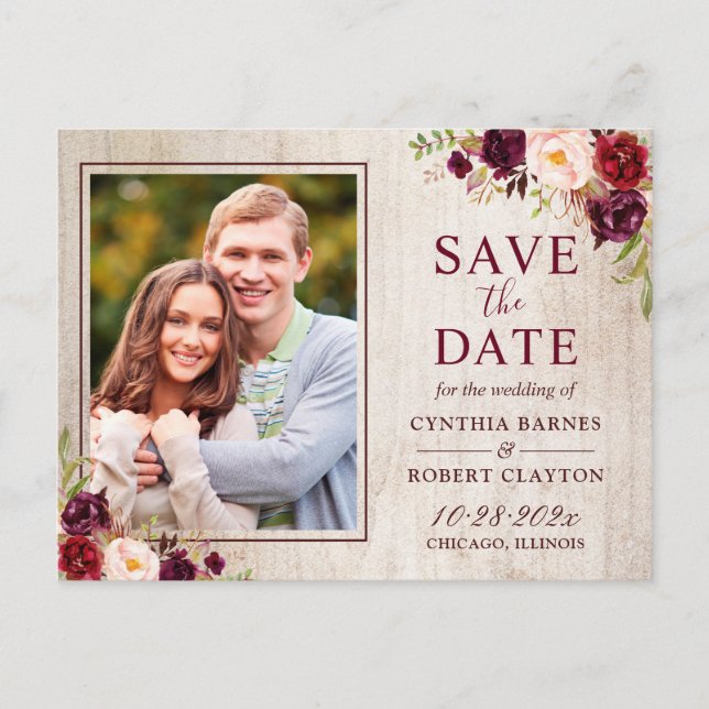 Rustic Wood Burgundy Floral Photo Save the Date Postcard (Front)