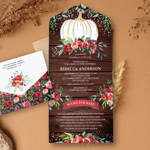 Rustic Wood Burgundy Floral Pumpkin Baby Shower All In One Invitation