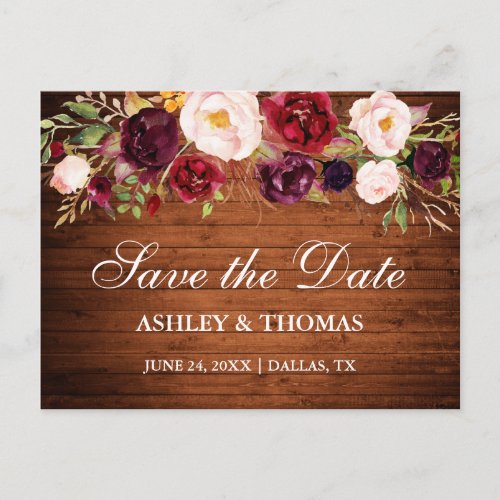 Rustic Wood Burgundy Floral Save the Date Announcement Postcard