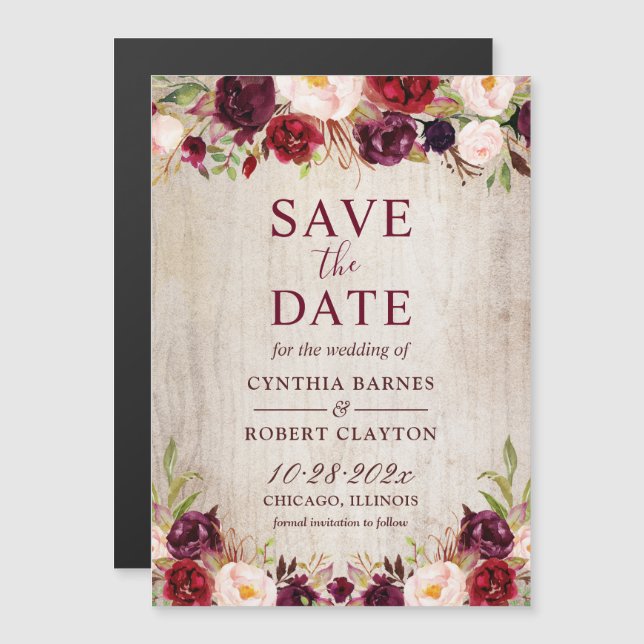 Rustic Wood Burgundy Floral Save the Date Magnet (Front/Back)